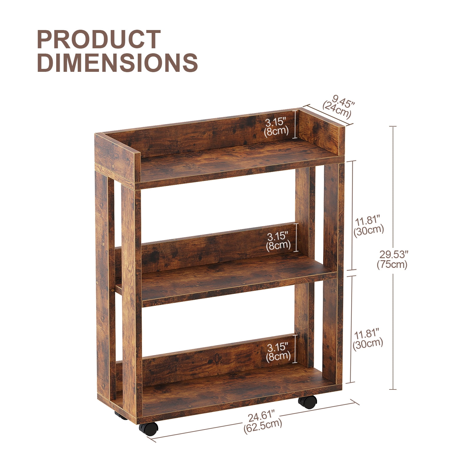 ALISENED 3 Tier Bookshelf and Bookcase with Wheels, Wood Small Nightstand, End Table Storage Rack