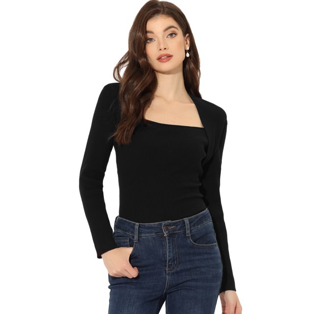 Suéter de Cuello Cuadrado Allegra K para Mujer de Manga Larga Ajuste Delgado de Punto Acanalado Negro XL