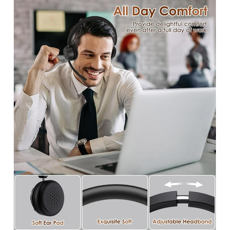 Bluetooth Headset V5.1, Wireless Headset with Noise Canceling Microphone,  40 Hrs Work Time Office Headset with Bluetooth Dongle & Charging Base, AptX 