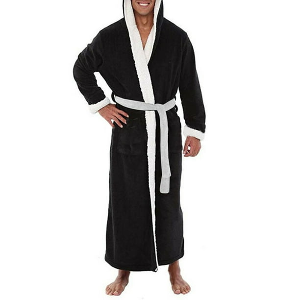 KAMAMEN Men Warm Fleece Hooded Long Dressing Gown Robe Bathrobe