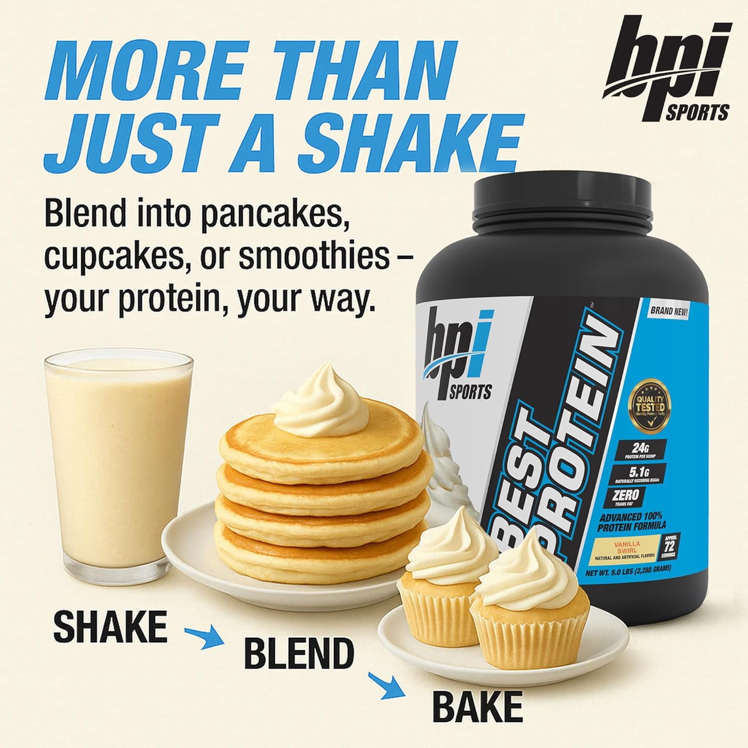 BPI Sports Best Protein Powder, 100% Whey Blend for Muscle Growth & Recovery, Vanilla Swirl, 5 lbs (72 Servings)