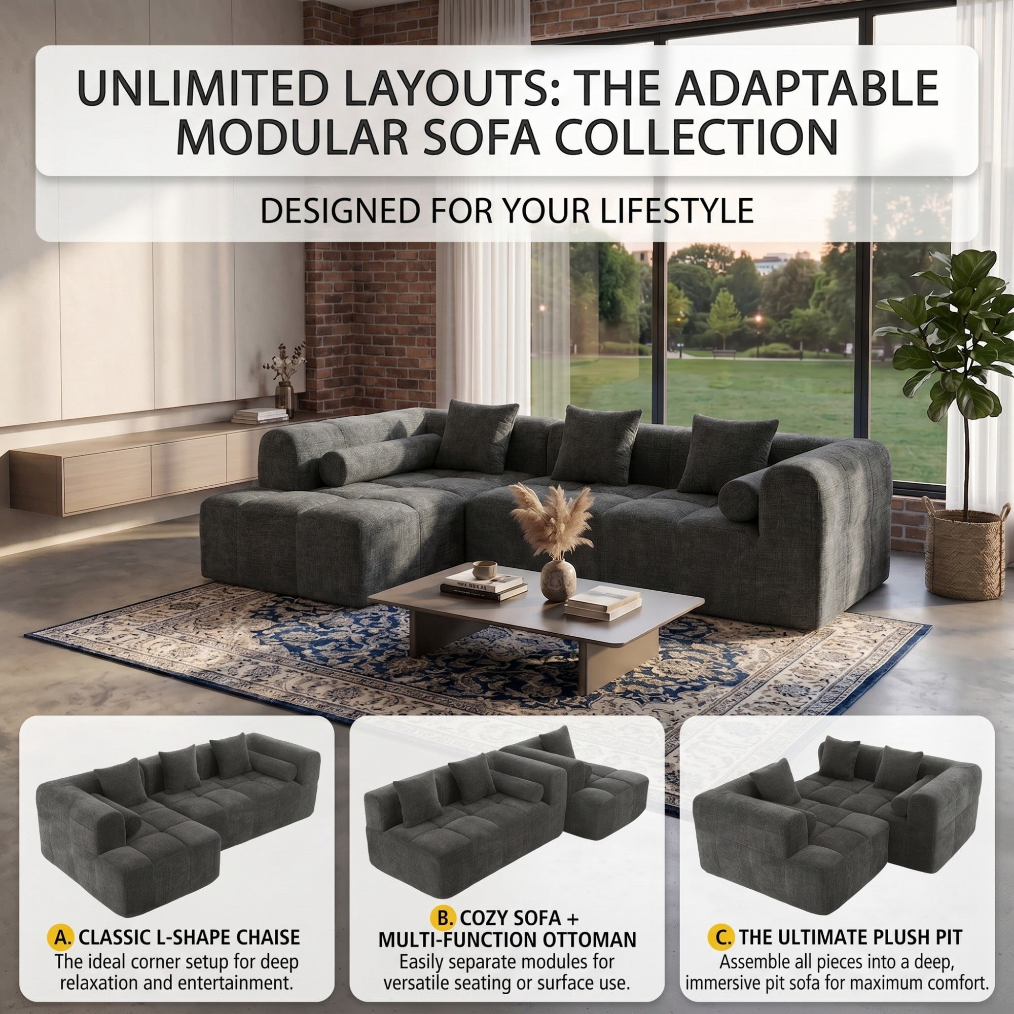 Sailvan 101.2" Modular Sectional Sofa, Deep Seating Full Foam Couch with 5 Pillows Grey