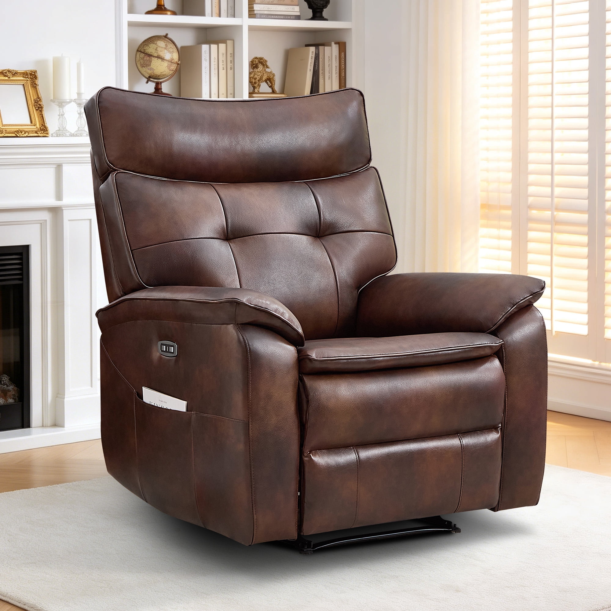 Ebello Genuine Leather Power Recliner Chair, Electric Single Reclining Sofa with Overstuffed Armrest and Backrest for Living Room, Dark Brown