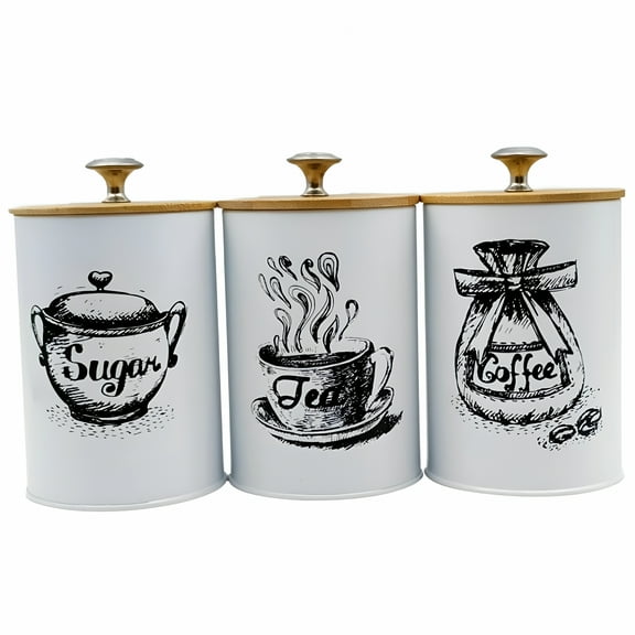 ACDANC 3 Pieces Kitchen Canisters Set Coffee Tea Sugar Containers Iron Modern Organizer Decorative Dustproof Lids Storage Containers White