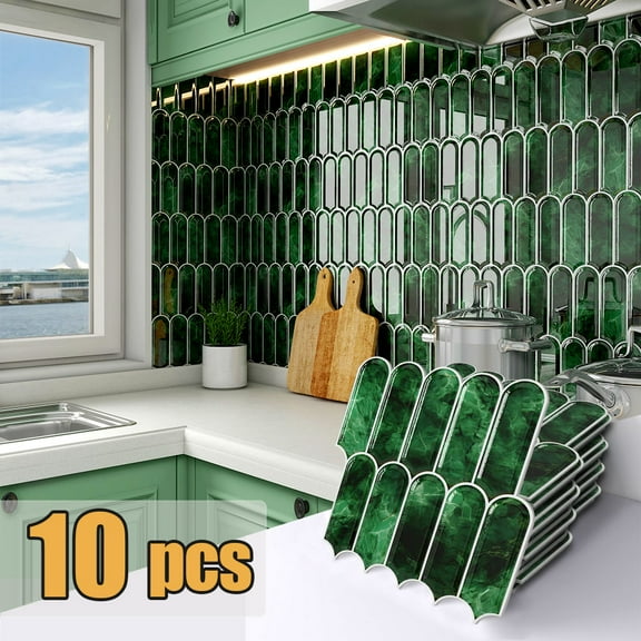 Long Hexagon Peel and Stick Tiles Backsplash,3D Self Adhesive Wall Tile Back Splash 12 x 12 Inch for Kitchen,Bathroom(Dark Green)
