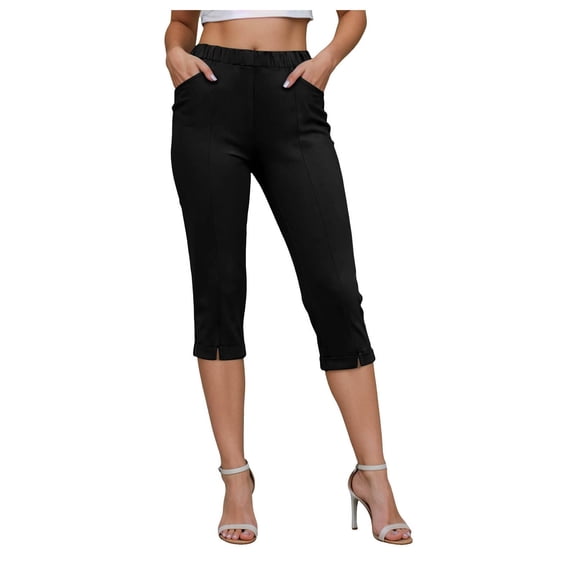 Audhol Capri Pants for Women, Pants for Women Elastic Waisted Summer Yoga Work Cropped Trousers with Pockets Womens Yoga Pants Black L