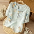 thumbnail image 4 of Blouse for Women Floral Print Cotton Linen Short Sleeved Shirt Loose Slimming Short Sleeved V-Neck Top, 4 of 5