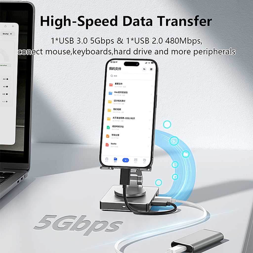 Foldable 8 in 1 USB C Hub Adapter 5Gbps Data Transfer 100W Fast Charging Rotatable Phone Stand Aluminum Construction