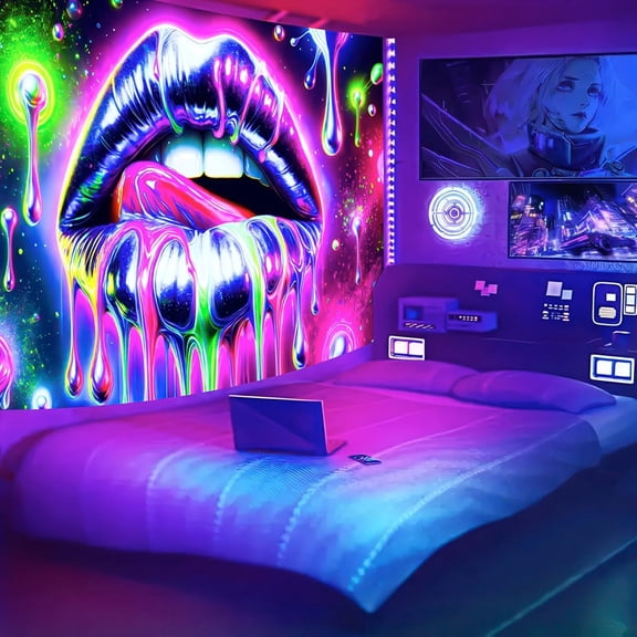 Glowing Geometric Tapestry 78x59 Inch Blacklight UV Reactive Neon Wall Hanging for Living Room, Bedroom, Party Decor