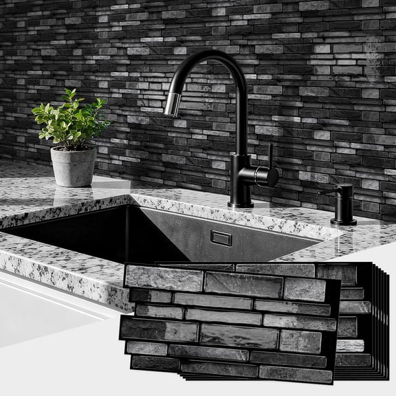 10Pcs Black Gray Marbling 3D Tiles Stickers 4.72 x 9.69inch DIY Decor Wall Decals Self Adhesive Waterproof Peel and Stick Kitchen Backsplash