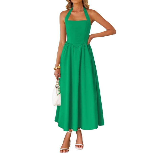 Vestido ZESICA de verano sin mangas, halter, midi, verde, para mujer