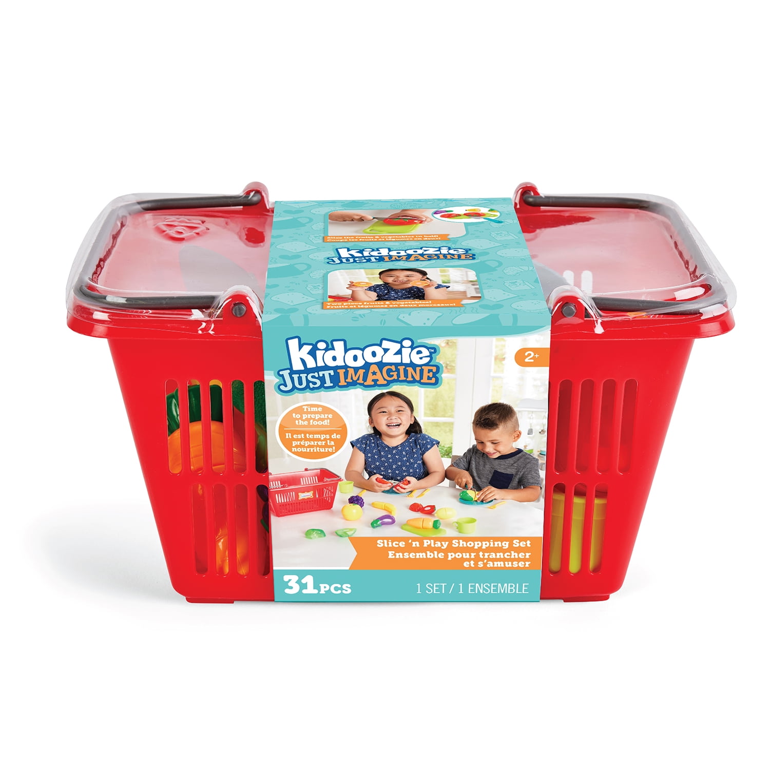 Kidoozie Just Imagine Slice 'N Play Shopping Set, 31 Piece Shopping Basket Set Including Fruits & Vegetable for Pretend Plays.  For Children Ages 2+