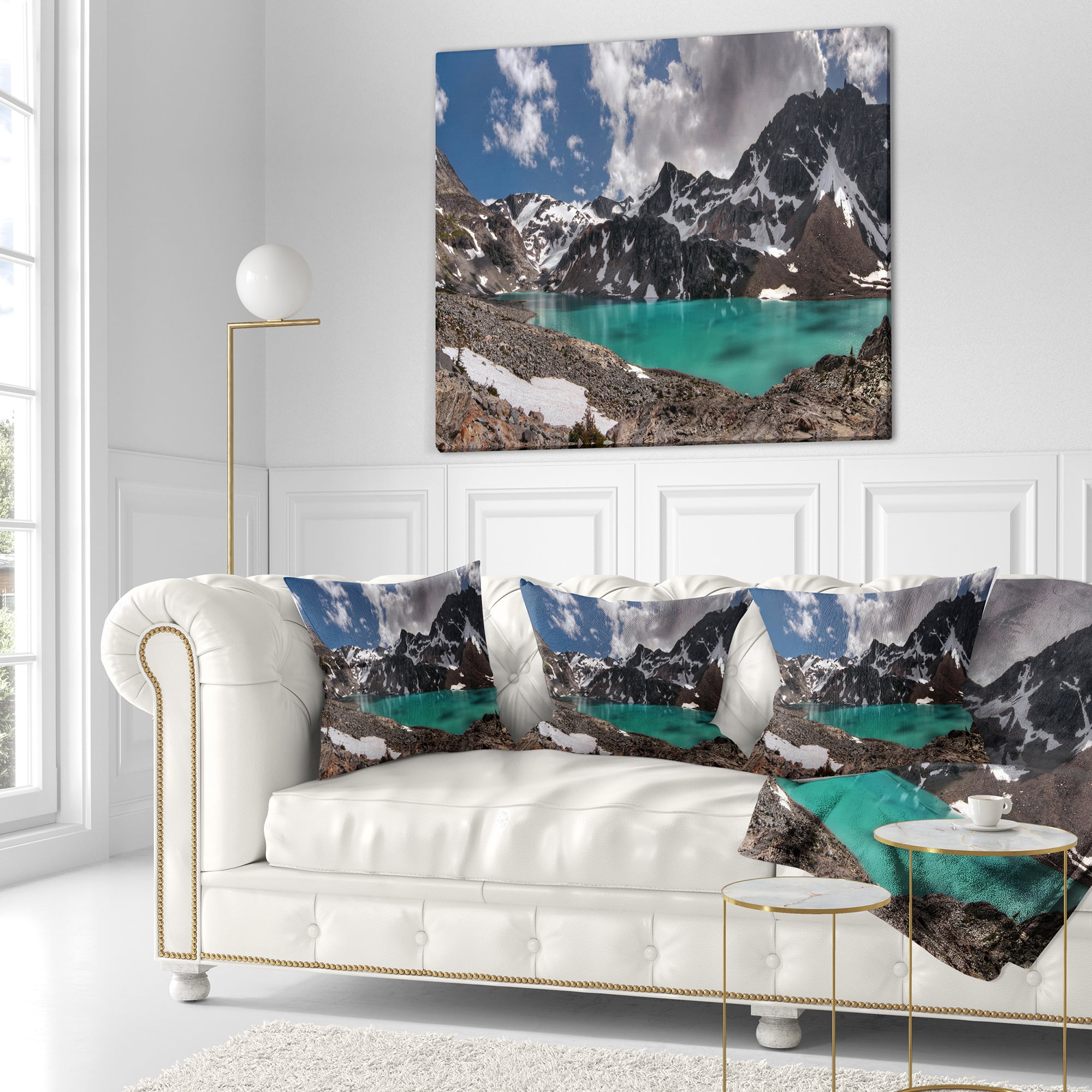 Designart Distant Mountains and Mountain Lake - Landscape Printed Throw Pillow - 16x16