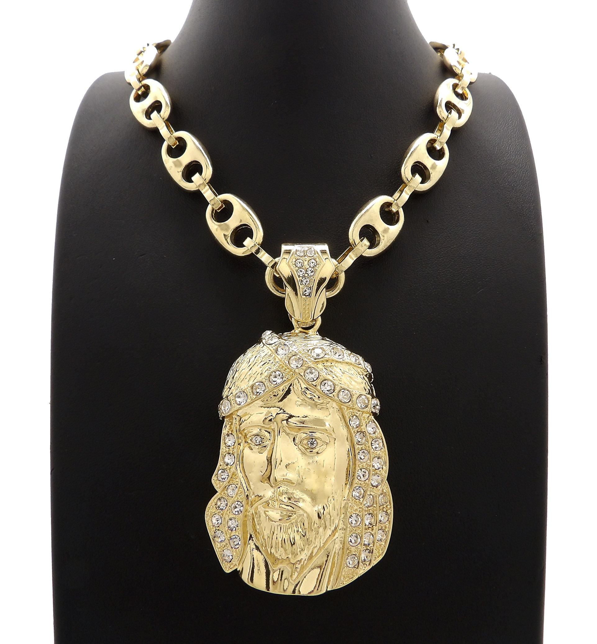 Hip Hop Fashion Iced Out Jesus Face Pendant w/ 12mm 20 inch Gold Tone Marina Chain, Adult Unisex, Grey Type