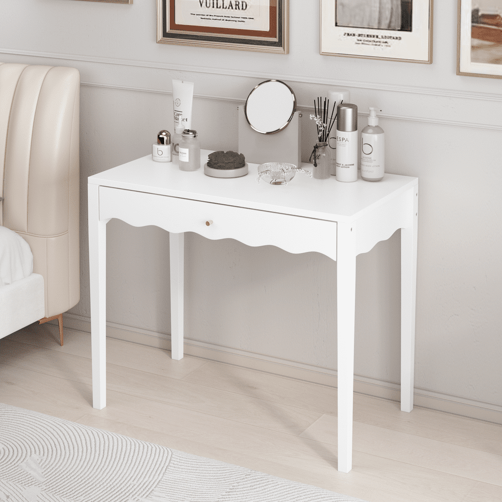 MIDOQIN 35" Small White Writing Desk, Modern Makeup Vanity Table with Drawer and Scalloped Front for Bedroom, Apartment, or Small Office Spaces