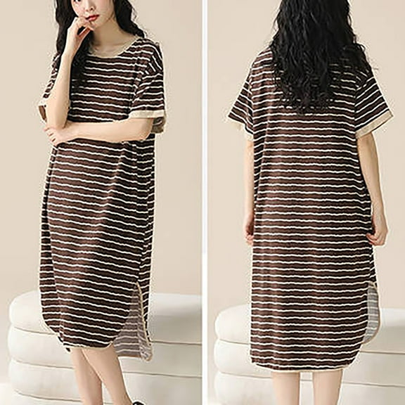 Sakmal Long Moo Moos for Women Nightgown Split Cotton Brown Lightweight Night dress Short Sleeve Striped Nightgowns for Women