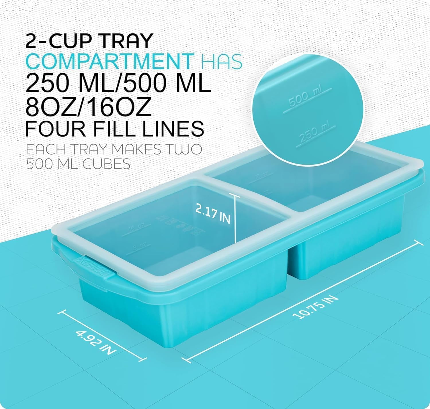 Silicone Freezer Tray With Lid-Soup Freezer Container molds-Large Ice Cube Tray Set Makes 1-Cup & 2-Cup portions cubes (2PCS, A+B)