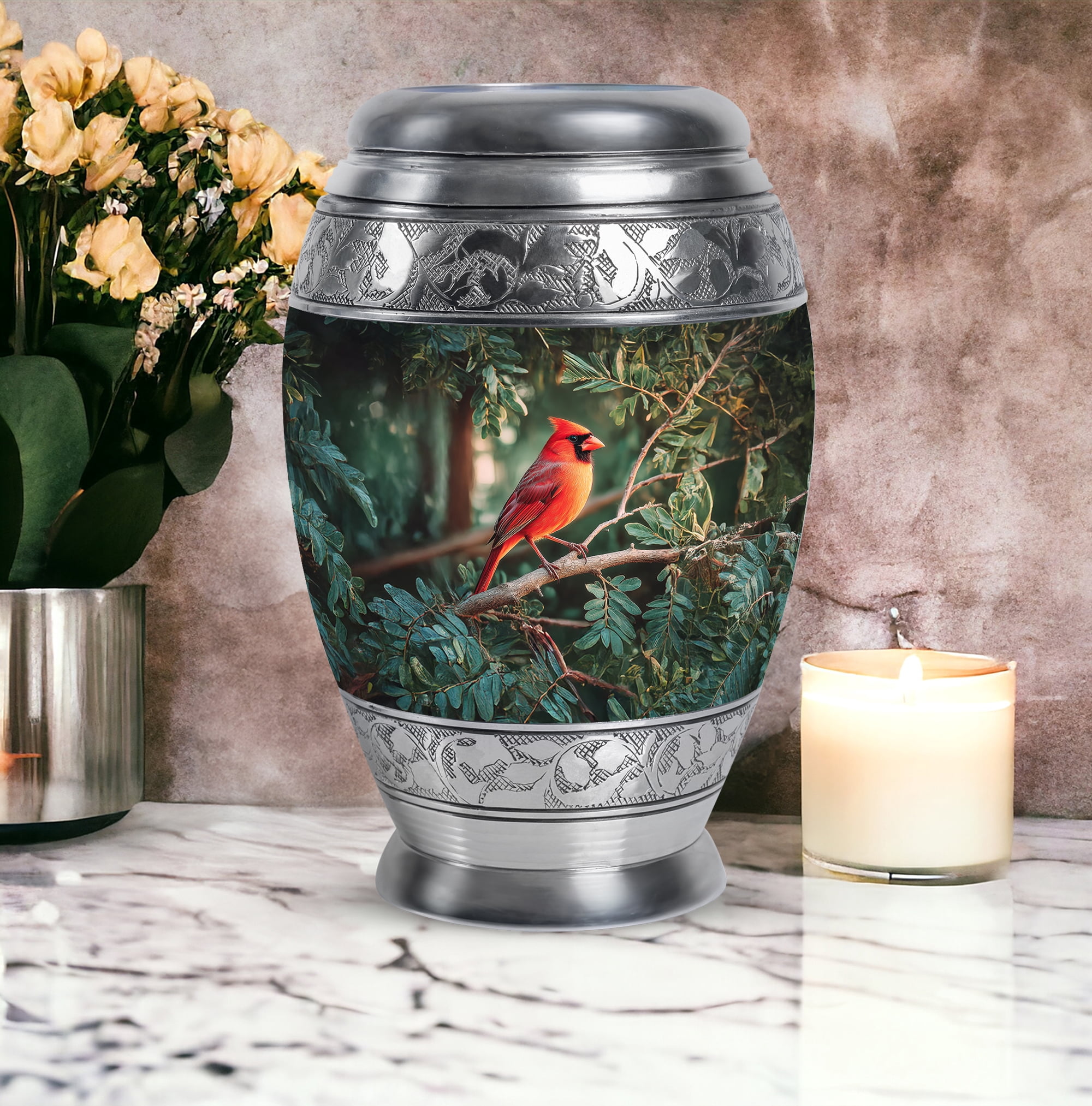 Cardinal Bird Funeral Urns For Adult Male, Large Green Cremation Urns For Human Ashes Adult Female, Memorial Urn For Mom, Leaf Burial Urn For Human Ashes, 10 Inch