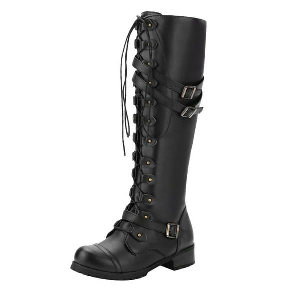 Kcodviy Women Gothic Vintage Style Women Lug Sole Platform Boots Retro Punk Buckle Boots Women's Winter Boots Low Boots for Women Womens Boots Cute Boots Chunky Heel for Women