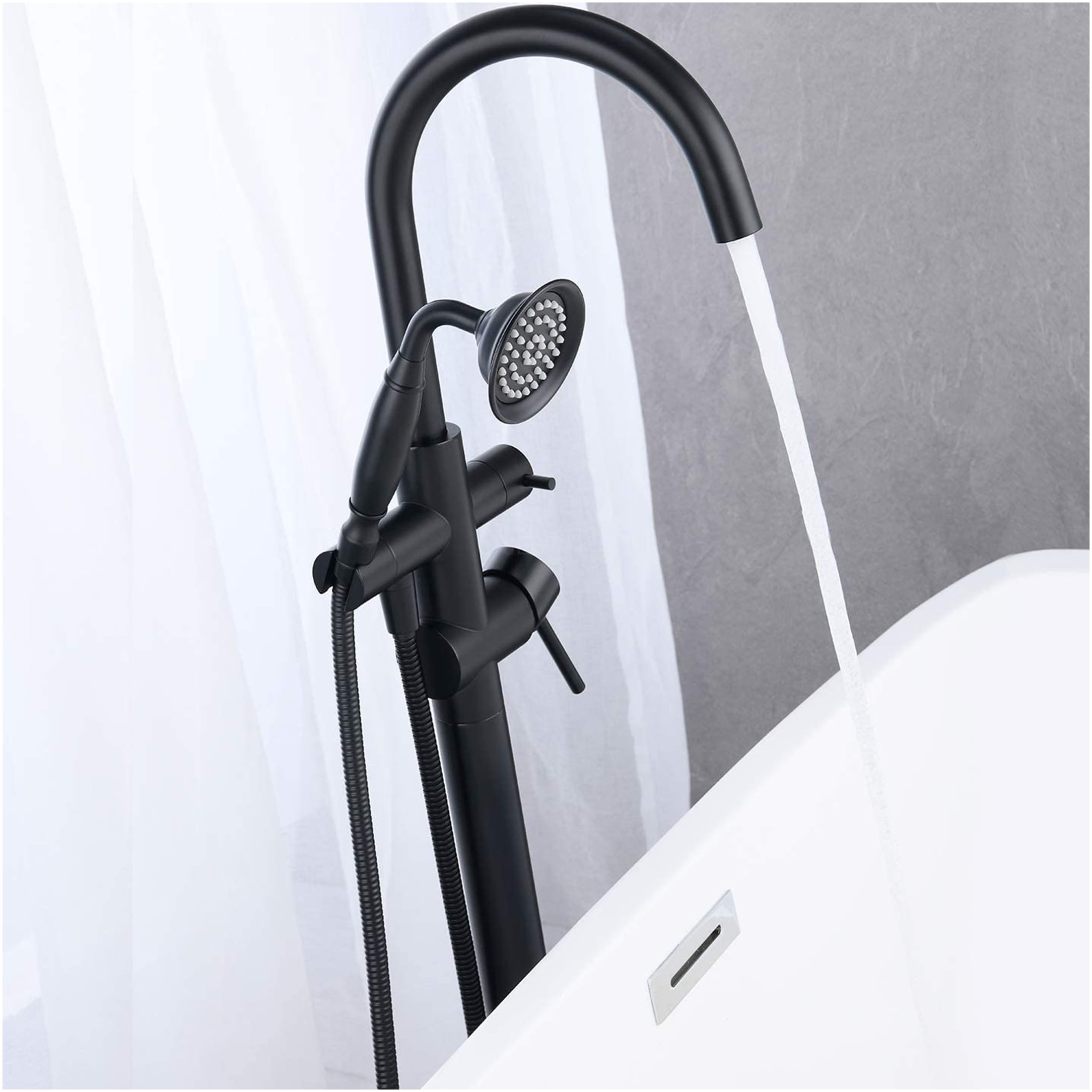 JERFIT Floor Mounted Freestanding Bathtub Faucet with Handheld Shower, Matte Black Finish, High Arc Brass Spout for Modern Bathroom