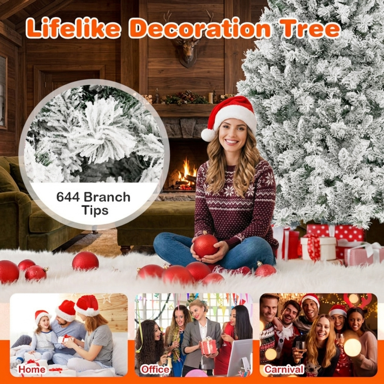 RUIE 6 ft Flocked Artificial Christmas Tree, Pre-Lit Green White Xmas Tree with 300 LED Lights, 644 Branch Tips, 3-Minute Shape