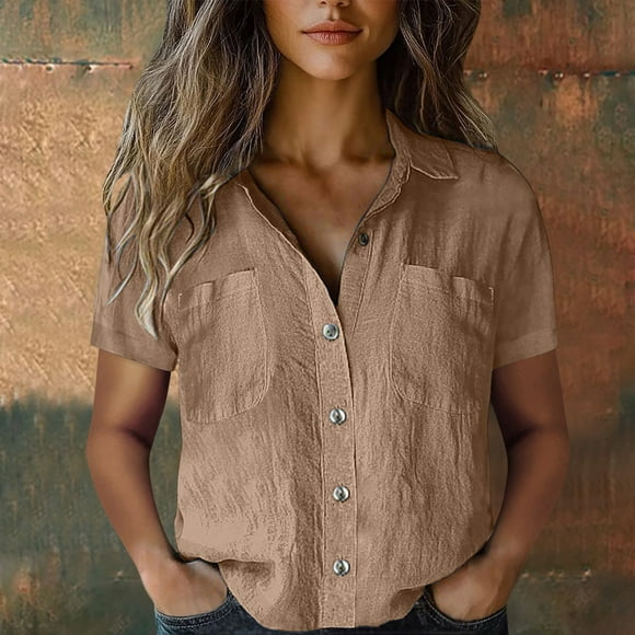 YLHFASHION Chemise en Coton pour Femmes Imprimée Mode Chemises Décontractées Manches Courtes Blouse en Liquidation Liquidation 2025 Chemises pour Femmes