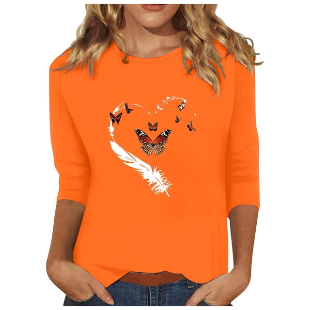 Dadaria Hauts Femme Chemise Orange Manches 3/4 T-Shirt Col Rond Grande Taille Tee Été Chandail Blouses L