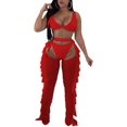 thumbnail image 4 of Trajes de 2 piezas de malla transparente con cuentas de perlas para mujer, monos, Top corto y pantalones largos con volantes calados, 4 of 5