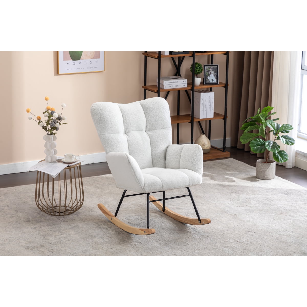 050-Teddy Fabric Rocking Glider Nursery Chair  Ivory Indoor Living Room Rocker