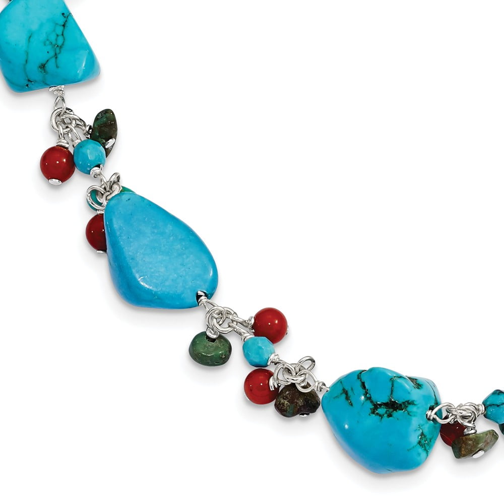 925 Sterling Silver Dyed Howlite & Simulated Turquoise & Red Coral Bracelet 7.5" (7.5in x 11mm) by