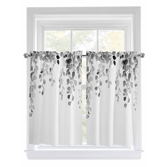 Tier Curtains 45 Inches Long, Grey Eucalyptus Leaves Window Treatment Curtain Drapes, Weeping Spring Botanical Summer Window Half Privacy Curtains for Bedroom Bathroom, 42"x45", 2 Panels
