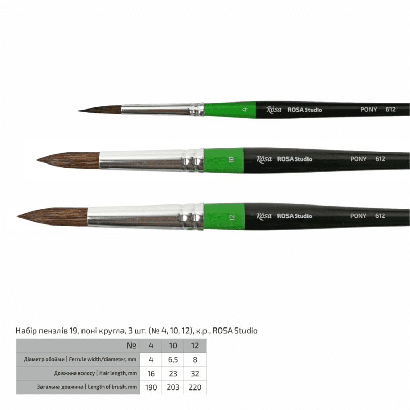 Rosa Studio Set of paint brushes 19. Pony. 3pc. Round (N4,10,12). Short Handle.
