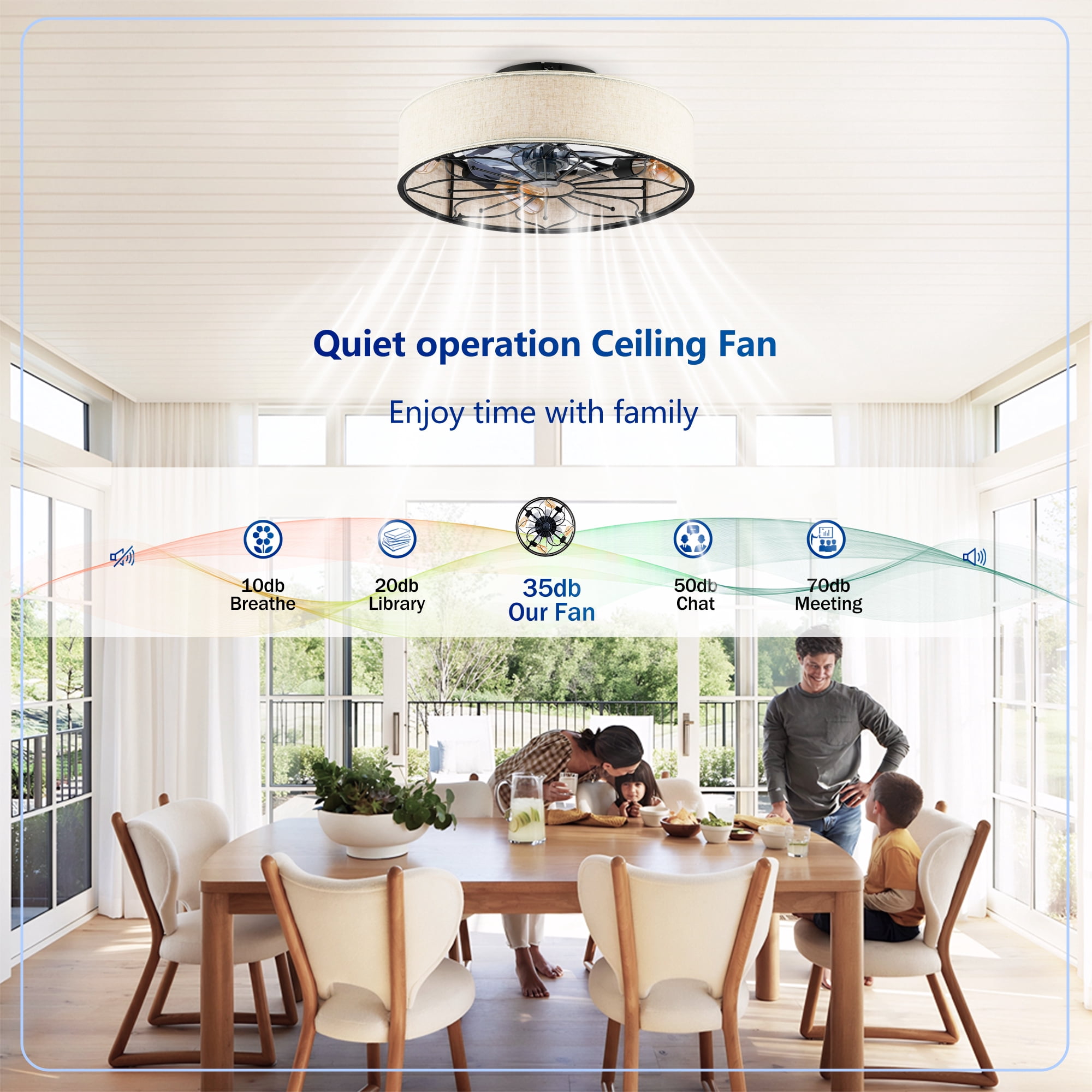 Leumius 20" Fabric Farmhouse Ceiling Fan with Light and Remote Control,Low Profile Modern Enclosed Ceiling Fans with Reversible Motor for Living Room,Bedroom,Kitchen Black (NOT Included Bulbs)
