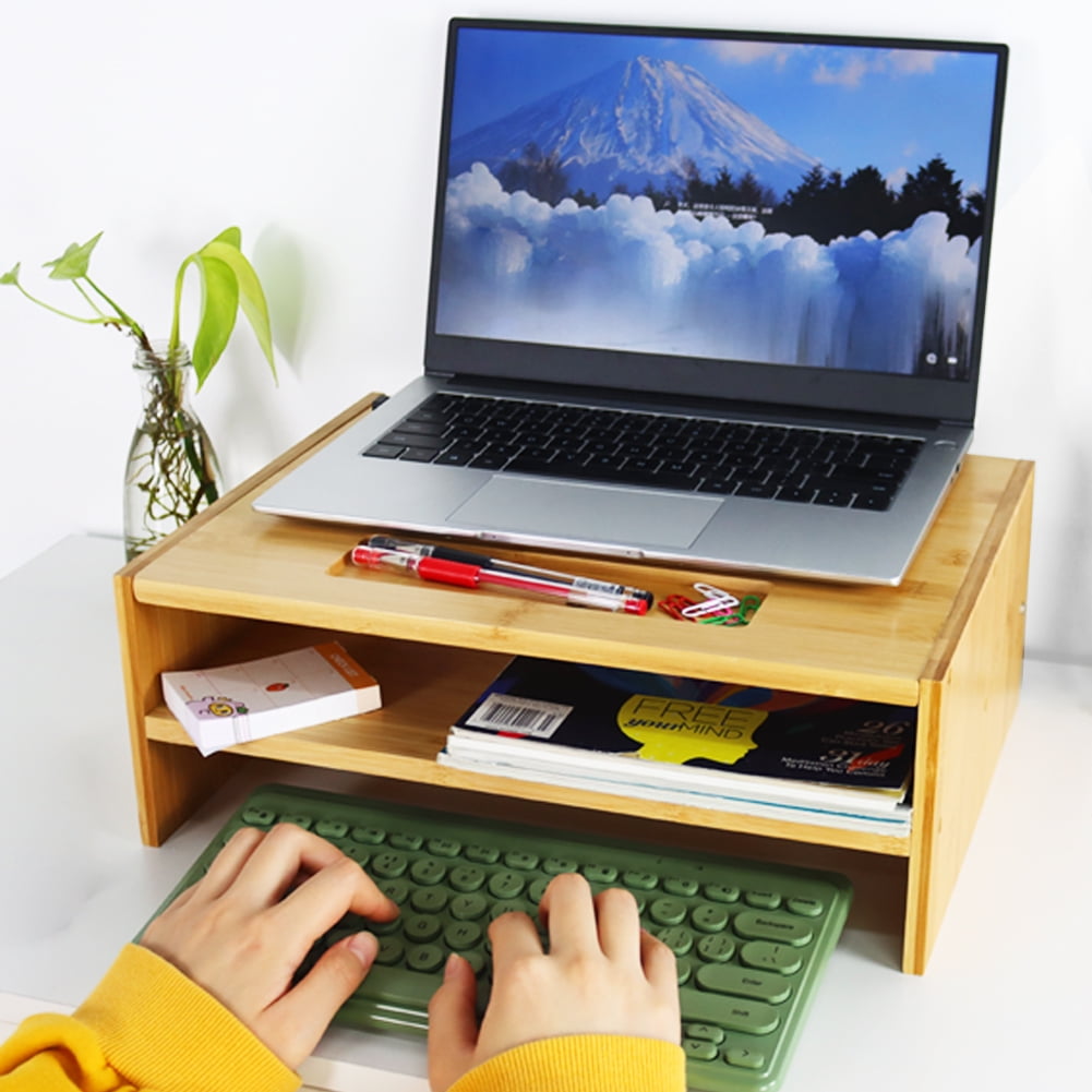 WKWKER 2-Tier Bamboo Monitor Riser Stand Desk Laptop Stand with Grooved Storage Document Organizer for Workstation Home Office Computer Laptop Printer Stand (Natural Color)