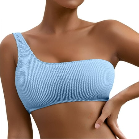 Womens Swimsuits Solid Color One Shoulder Bikini Sets For Women Top Ribbed Padded Bandeau Top Swimwears Holiday Wear Blue Xl