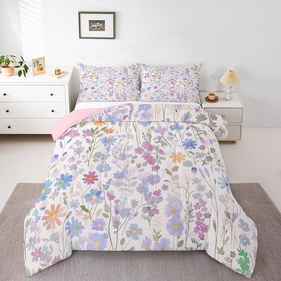 Cute Blue Floral Twin Comforter Set ,Colorful Boho Flowers Bedding Set Rustic Country Home Decor,Watercolor Flower Quilt Bed Set Wildflower Bed Comforter Set 2Pcs