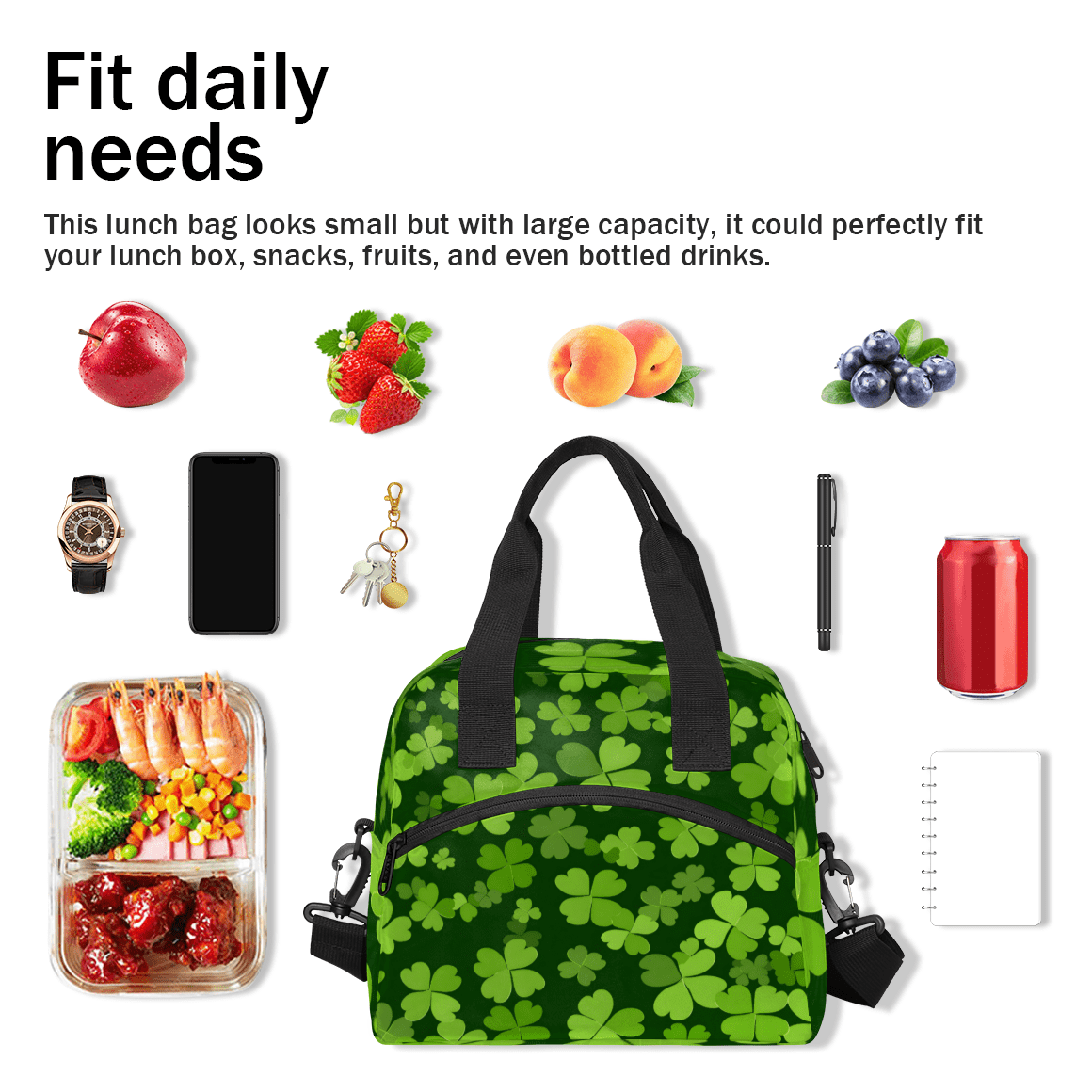Herdesigns Green Clover Shamrock Insulated Lunch Bag for Women Men Adults Large Reusable Lunch Box St. Patrick's Day Leakproof Cooler Tote Bags with Adjustable Shoulder Strap