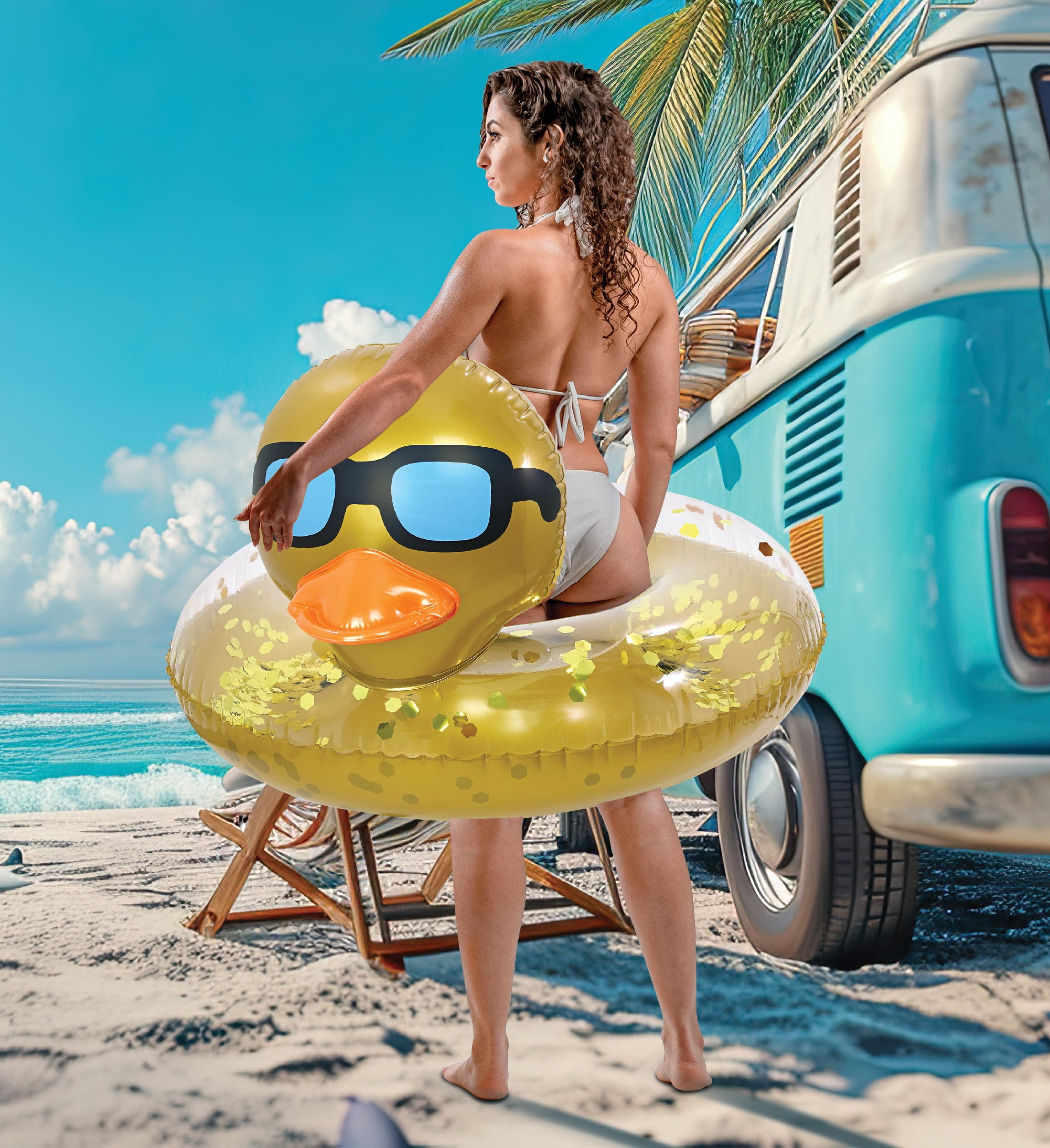 POZA Inflatable Duck Pool Float Tube- Heavy Duty Vinyl UV Resistant Confetti Pool Duck Floatie, Animal Float Swim Ring Inflatables for Kids and Adults for Beach, Party, Vacation - Gold