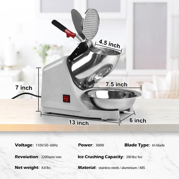 Electric Shaved Ice Machine with 3 Blades, 300W Snow Cone Maker for Home and Commercial Use