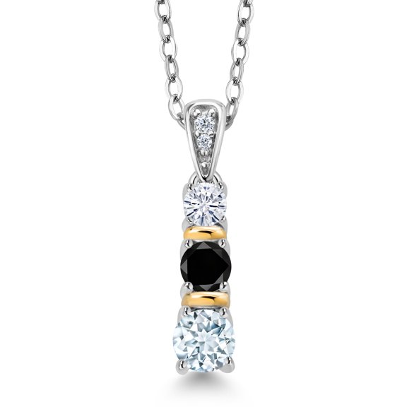 Gem Stone King 925 Silver and 10K Yellow Gold Round Sky Blue Aquamarine Black Diamond and White Moissanite Pendant Necklace for Women (0.52 Cttw, Gemstone March Birthstone, with 18 inch Chain)