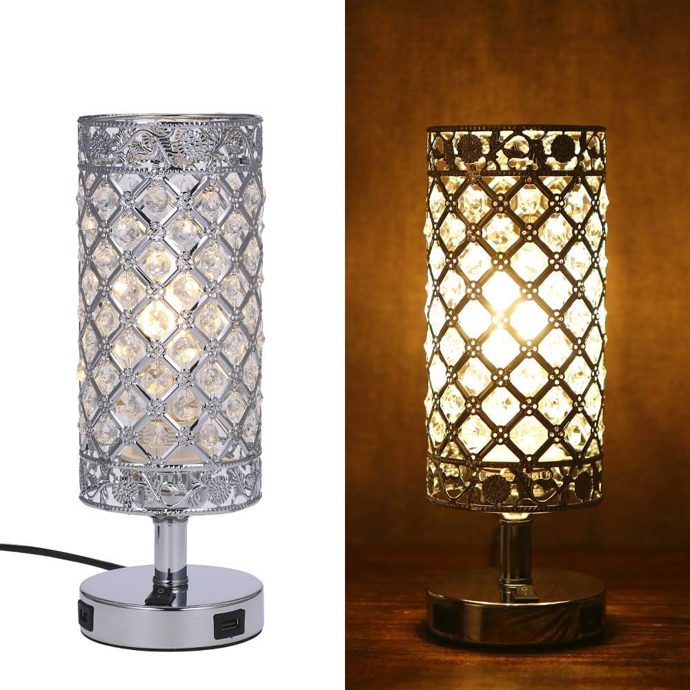 Neoglint Crystal Table Lamp Set of 2, Modern Bedside Light with 2 USB Ports, Silver Nightstand Lighting for Bedroom Living Room
