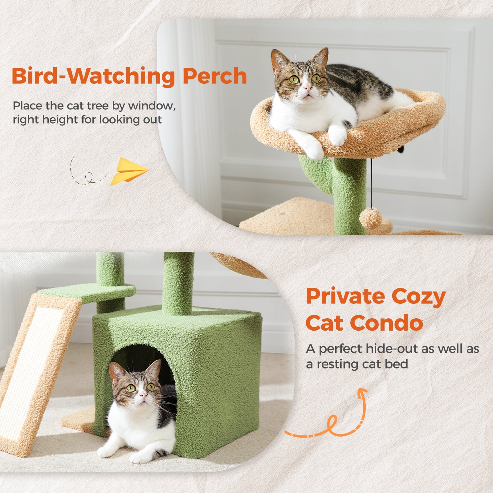 Pefilos 32" Cat Tree Tower, Cute Cat Condo with Sisal Scratching Ramp, Cozy Hammock and Removable Top Bed Perch for Indoor Kittens, Green
