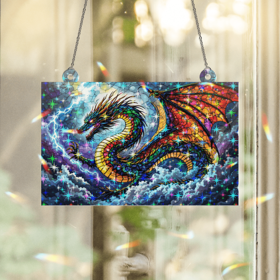 89Bloom Dragon Stained Glass Hologram Ornament, Stained Glass Suncatcher Ornaments Home Decor, Holographic Ornaments