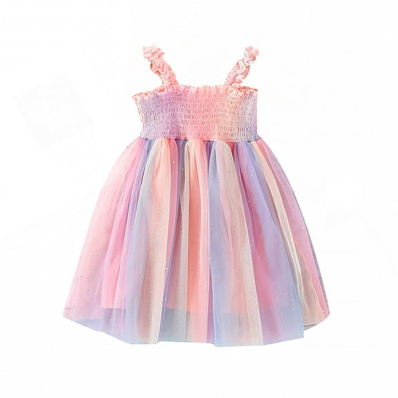 Little Girls Suspender Tulle Dress Summer Kids Sleeveless Rainbow Color Mesh Princess Sundress