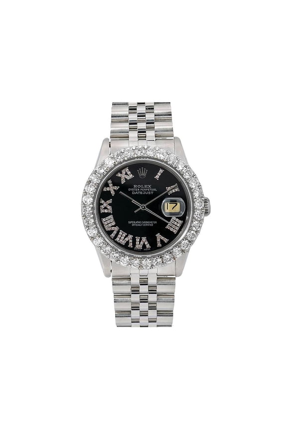 Pre-Owned Rolex Datejust 36MM 16014 Black Roman Diamond Dial Diamond Bezel Stainless Steel Jubilee Bracelet 3.25ct