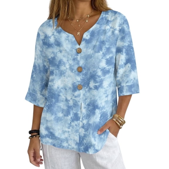 Xoenoiee Blue Tie-dye Print Linen Shirts for Women Linen Tops V Neck 3/4 Sleeve Button Down Blouses for Women Oversized Tops for Vacation Casual Wear, Large