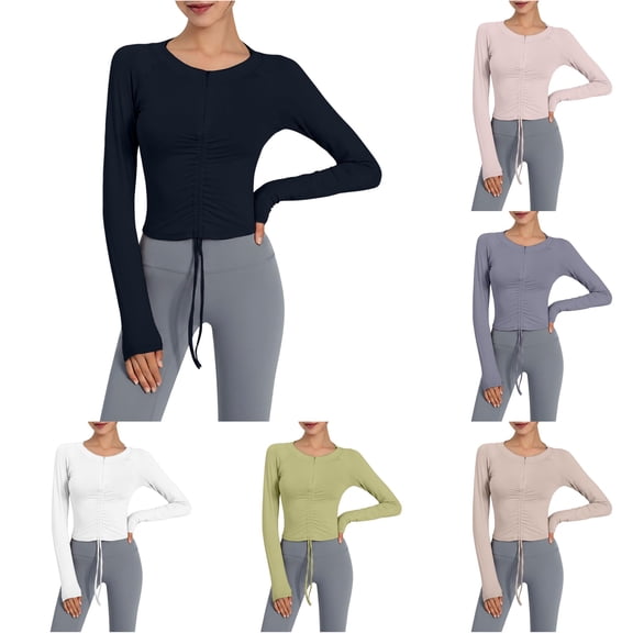 XIAONU Womens Drawstring Ruched Athletic Top Thumb Hole Cropped Fit Gym Daily Tees