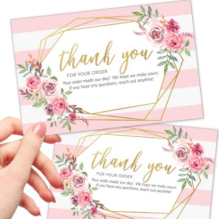 T MARIE 50 Large 4x6 Pink Thank You Postcards Small Business Supplies for Boutique Shops - Faux Gold and Pink Floral Thank You For Your Order and Thanks For Supporting My Small Business Cards