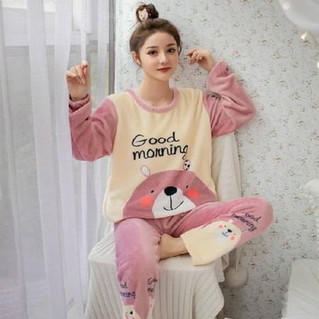 

Autumn Winter Warm Flannel Women Pyjamas Sets Thick Coral Velvet Long Sleeve Cartoon Sleepwear Thin Flannel Pajamas Set