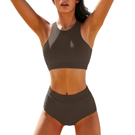 Womens Bikinis Summer Solid Color Camisole And Panty Set Sexy High Waist Beach Two Piece Tankini Swimsuits For Women Activewear Brown M